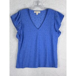 MICHAEL KORS Women's Blue Floral Embroidered V-Neck‎ Top Size M